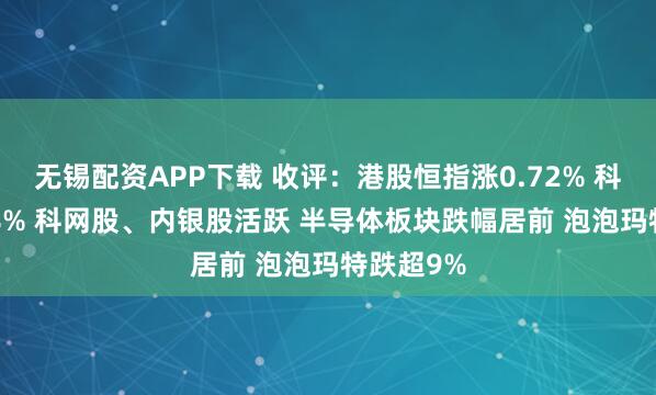 无锡配资APP下载 收评：港股恒指涨0.72% 科指涨0.48% 科网股、内银股活跃 半导体板块跌幅居前 泡泡玛特跌超9%